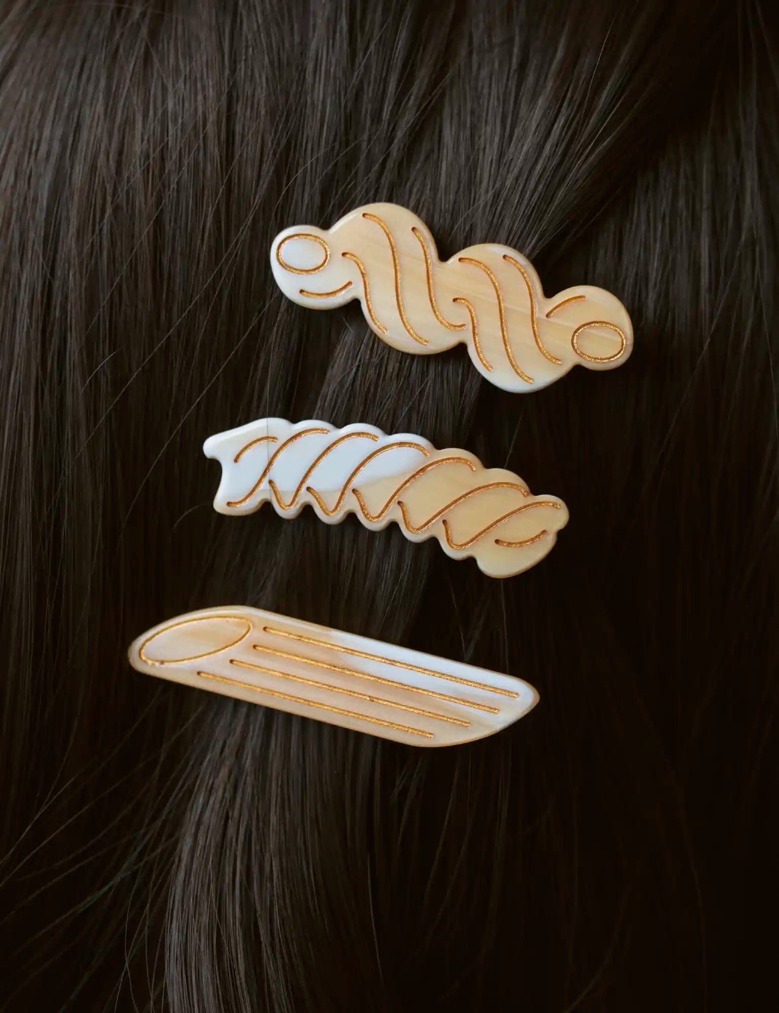 Pasta Alligator hair clip set - Penne, Fusilli, Cavatappi